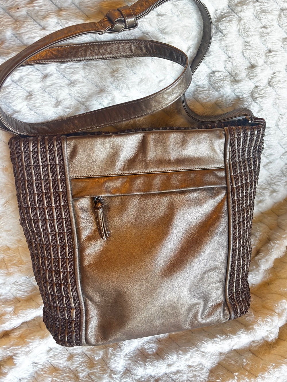 Sharif USA Vintage Metallic Copper Woven Leather Crossbody Tassel